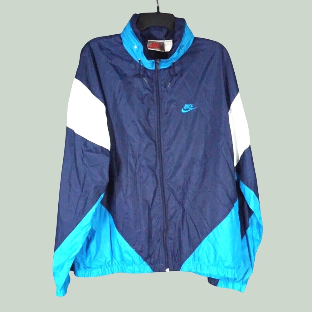 Vintage NIKE TRACK JACKET Wind Parachute Fabric NAVY & BLUE WHITE Full Zip XL